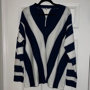 Striped V-Neck Sweater - Navy and White